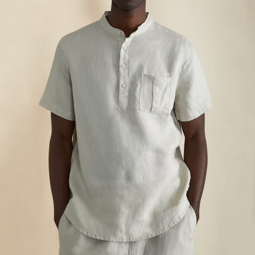 Onia Linen Home Short Sleeve Henley in Dune Size M NWT